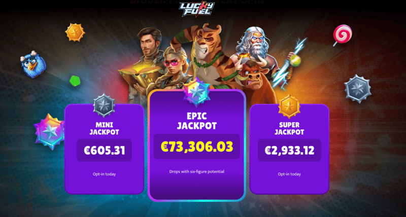 LuckyFuel jackpot med Mini, Super og Epic gevinster.